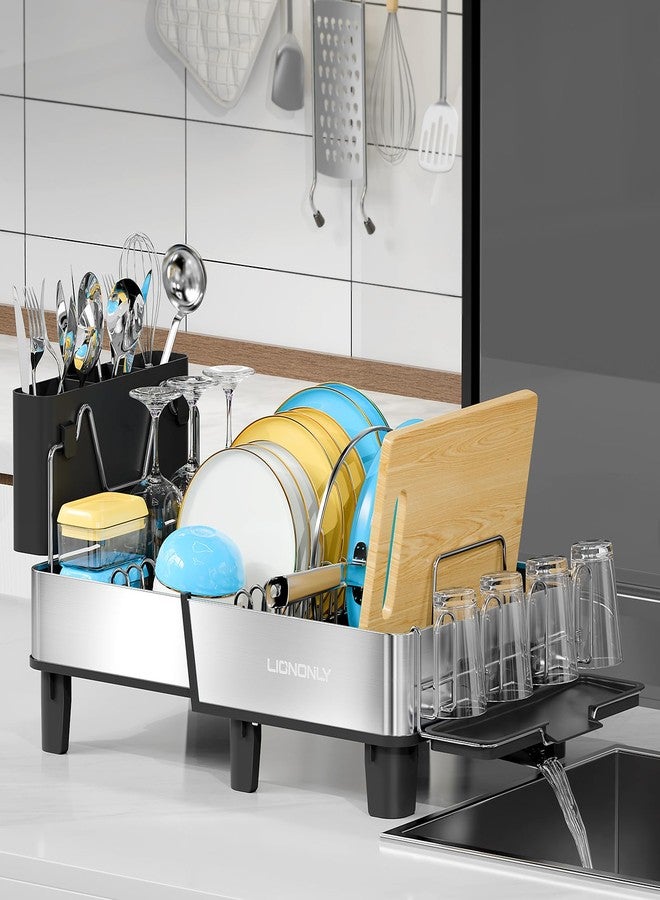 LIONONLY Dish Drying Rack, 304 Stainless Steel Exendable Dish Rack with Adjustable Drain Spout, Large Capacity Dish Drainer with Utensil Holder, Cup Holder and Cutting Board Rack for Kitchen Counter, Black - Image 1