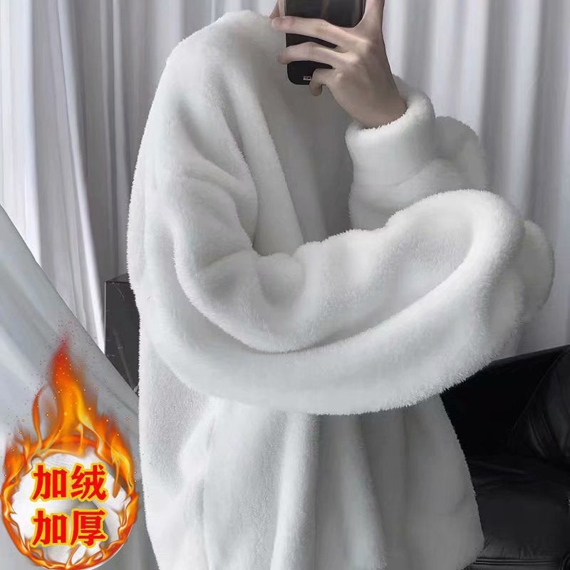 Winter Thick Fleece Lamb Wool Sweatshirt for Men White