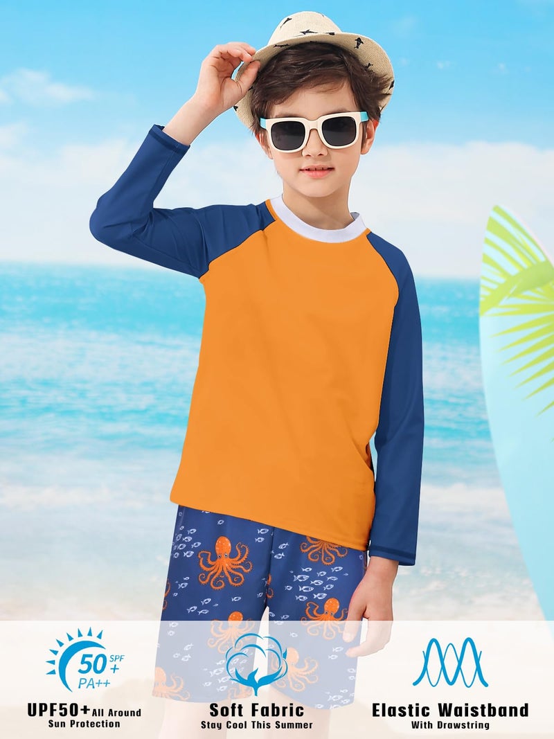 SunFocus 5-6T Swimsuit for Boys Orange Bathing Suits Long Sleeve Rashguard 2 Piece Sets Swim Trunk with Shorts Size 6-7 - Image 5