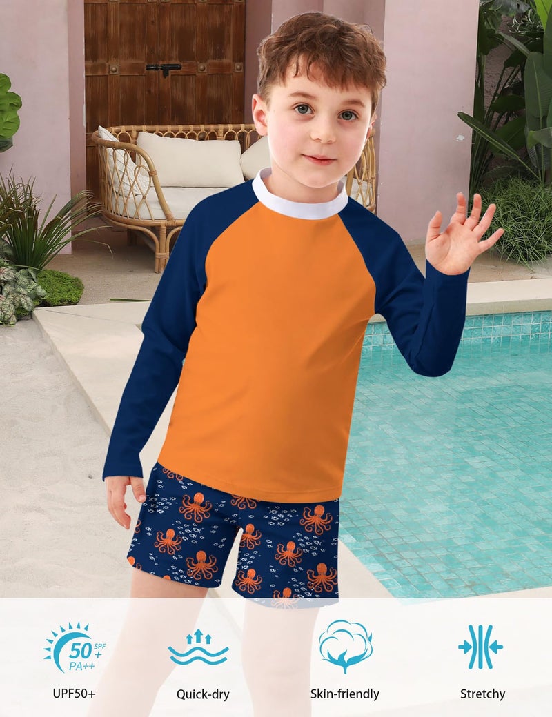 SunFocus 5-6T Swimsuit for Boys Orange Bathing Suits Long Sleeve Rashguard 2 Piece Sets Swim Trunk with Shorts Size 6-7 - Image 3