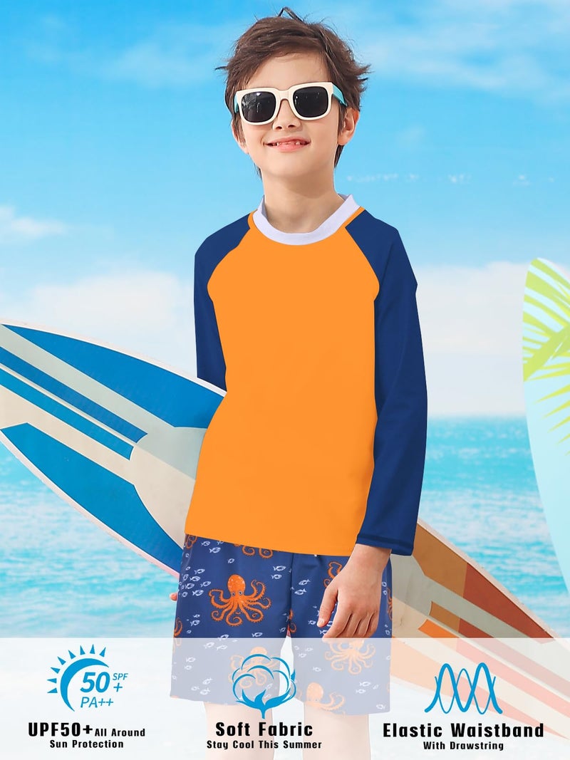 SunFocus 5-6T Swimsuit for Boys Orange Bathing Suits Long Sleeve Rashguard 2 Piece Sets Swim Trunk with Shorts Size 6-7 - Image 4