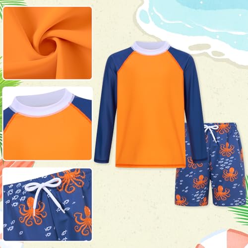 SunFocus 5-6T Swimsuit for Boys Orange Bathing Suits Long Sleeve Rashguard 2 Piece Sets Swim Trunk with Shorts Size 6-7 - Image 2