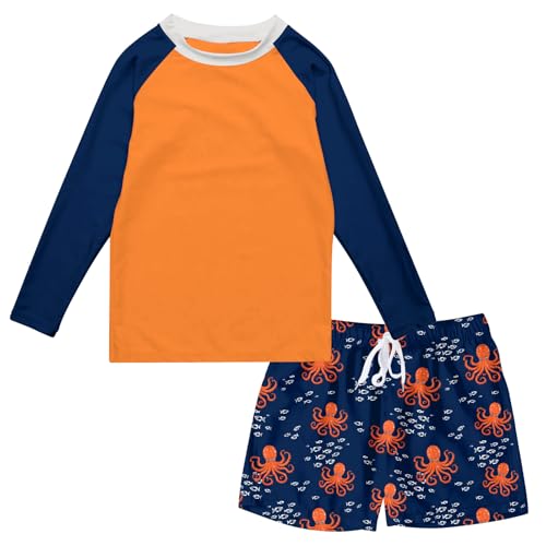 SunFocus 5-6T Swimsuit for Boys Orange Bathing Suits Long Sleeve Rashguard 2 Piece Sets Swim Trunk with Shorts Size 6-7 - Image 1