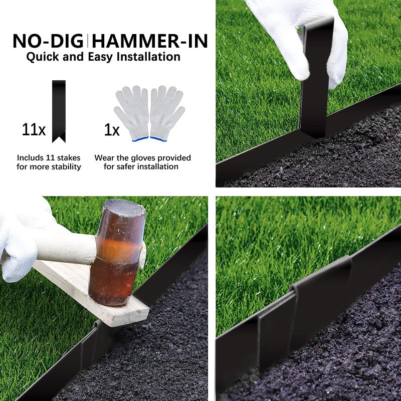 Worth Garden 10-Pack Galvanized Steel Landscape Lawn Edging - 4.5in H Black Powder Coated Bendable Metal Strips - Hammer-in Edging Border w/ 11 Clips - Yard Pathway Divider (33Ft Total) - Image 3