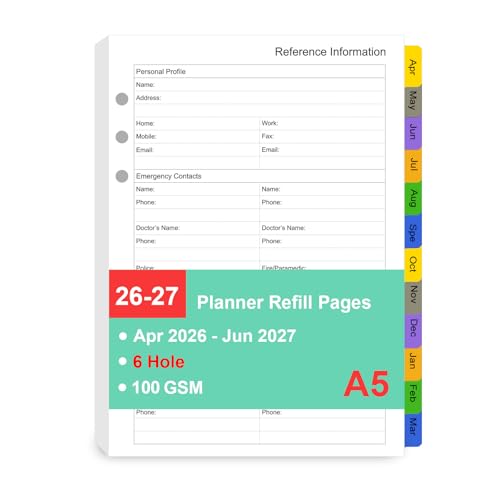 Tiankool 2026-27 Planner Refill for A5 6-Ring Binder,Weekly & Monthly Planner Inserts Runs from Apr 2026 to Jun 2027, 5-3/4" x 8-1/4" - Image 1