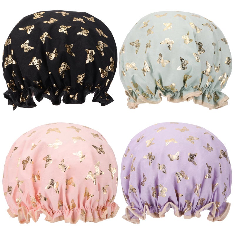 Tbestmax 4 Pcs Shower Caps Hat for Women and Girl, Reusable Waterproof Bath Cap Double Waterproof Layers Butterfly - Image 1