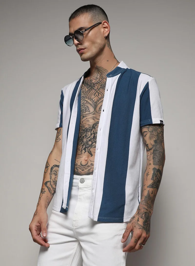 Campus Sutra Men's Striped Multicolour Button Up Regular Fit Shirt For Casual Wear | Cotton Spread Collar Shirt Crafted With Regular Sleeve, Comfort Fit & High-Performance For Everyday Wear