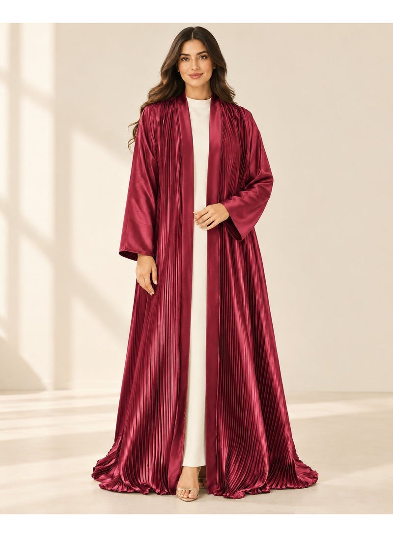 KAVALEE Women's Burgundy Pleated Satin Open Abaya with Front Band - Image 1