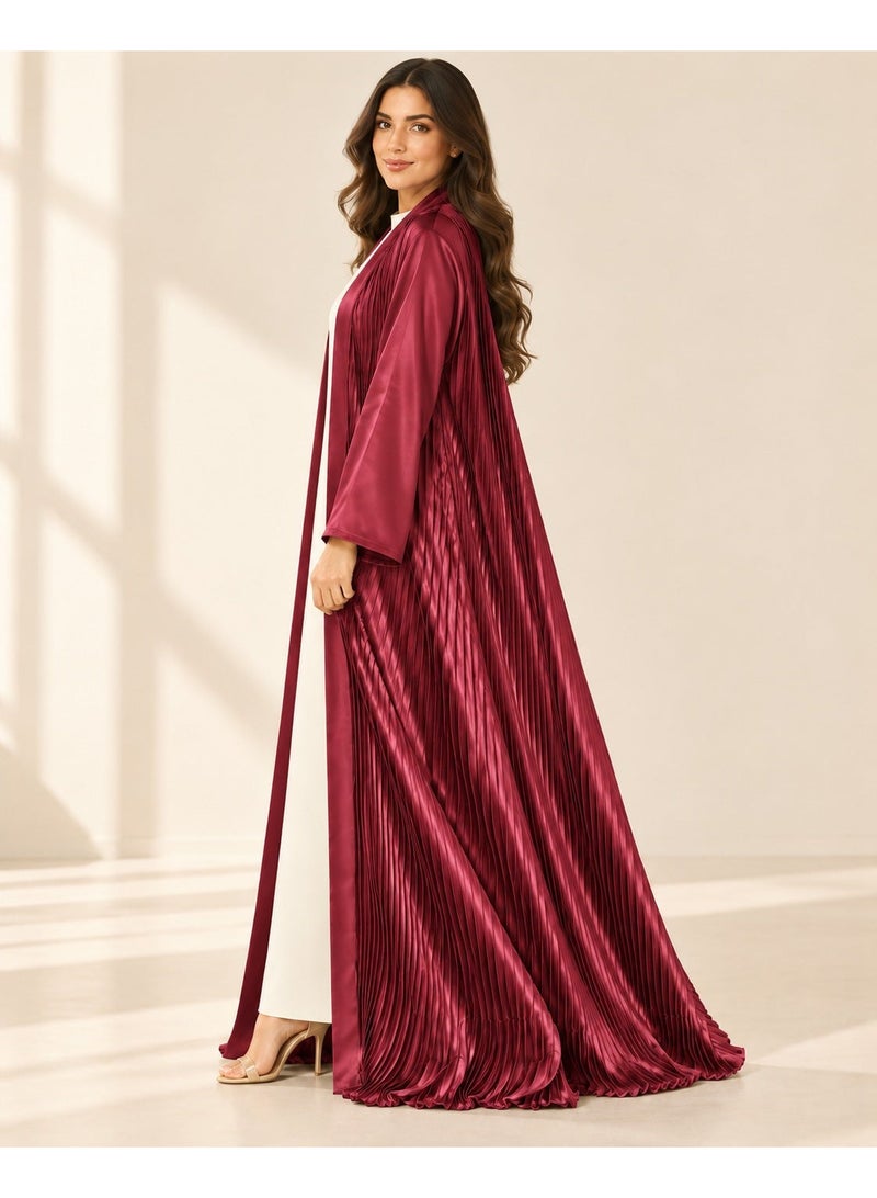 KAVALEE Women's Burgundy Pleated Satin Open Abaya with Front Band - Image 4