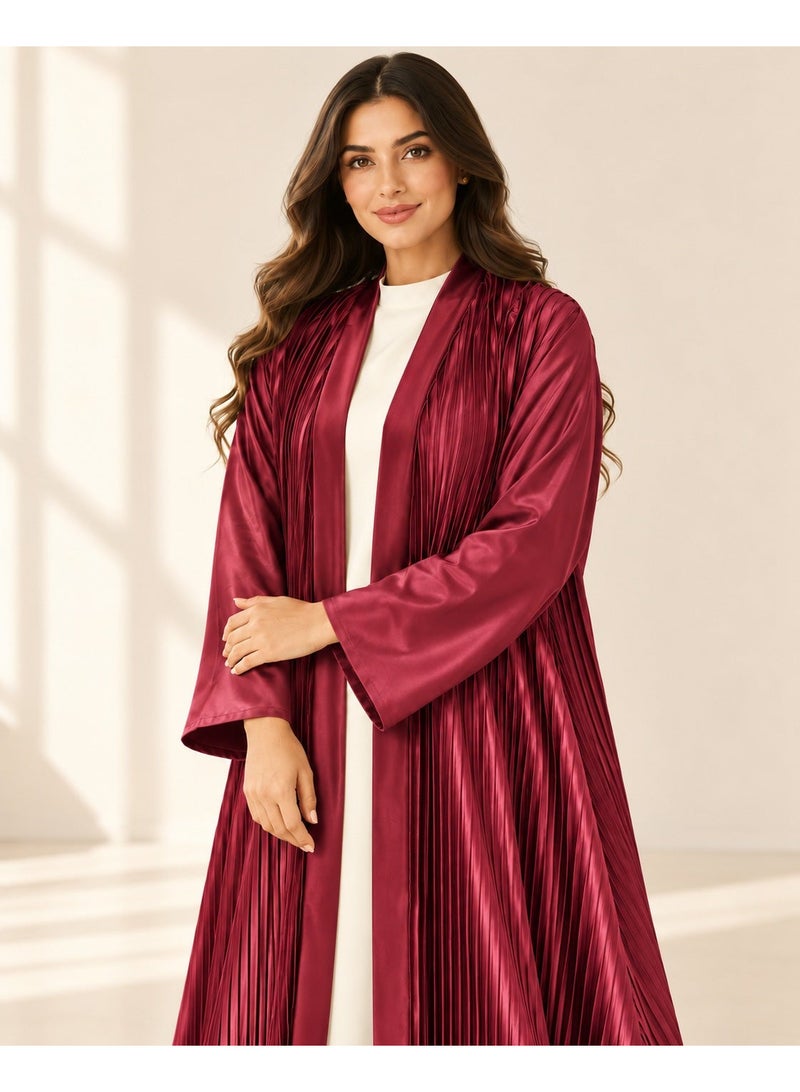 KAVALEE Women's Burgundy Pleated Satin Open Abaya with Front Band - Image 3