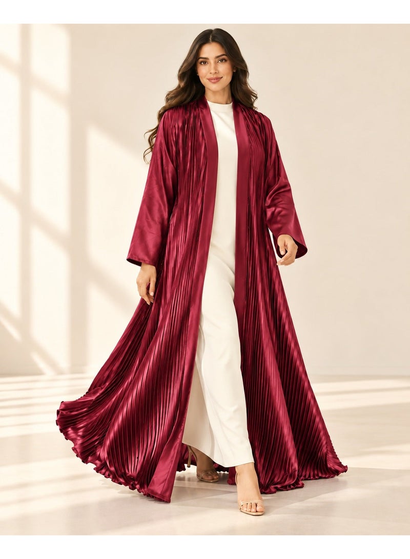 KAVALEE Women's Burgundy Pleated Satin Open Abaya with Front Band - Image 2