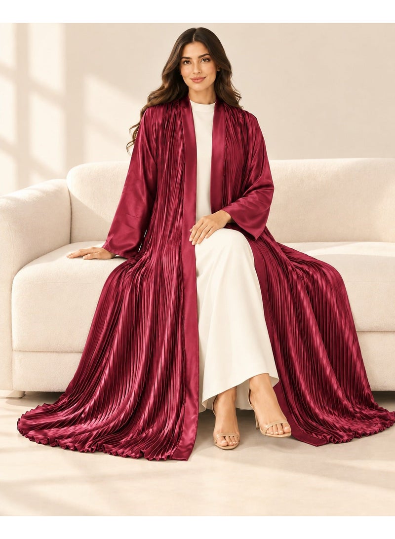 KAVALEE Women's Burgundy Pleated Satin Open Abaya with Front Band - Image 5