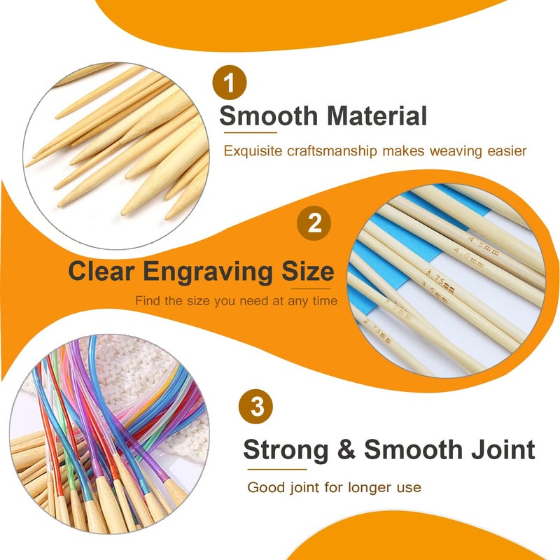 Mdoker 18 Pairs Bamboo Knitting Needles Set Circular Wooden Knitting Needles with Colorful Plastic Cable Size 2mm-10mm,Knitting Needle for DIY Craft(60cm/24inch) - Image 4