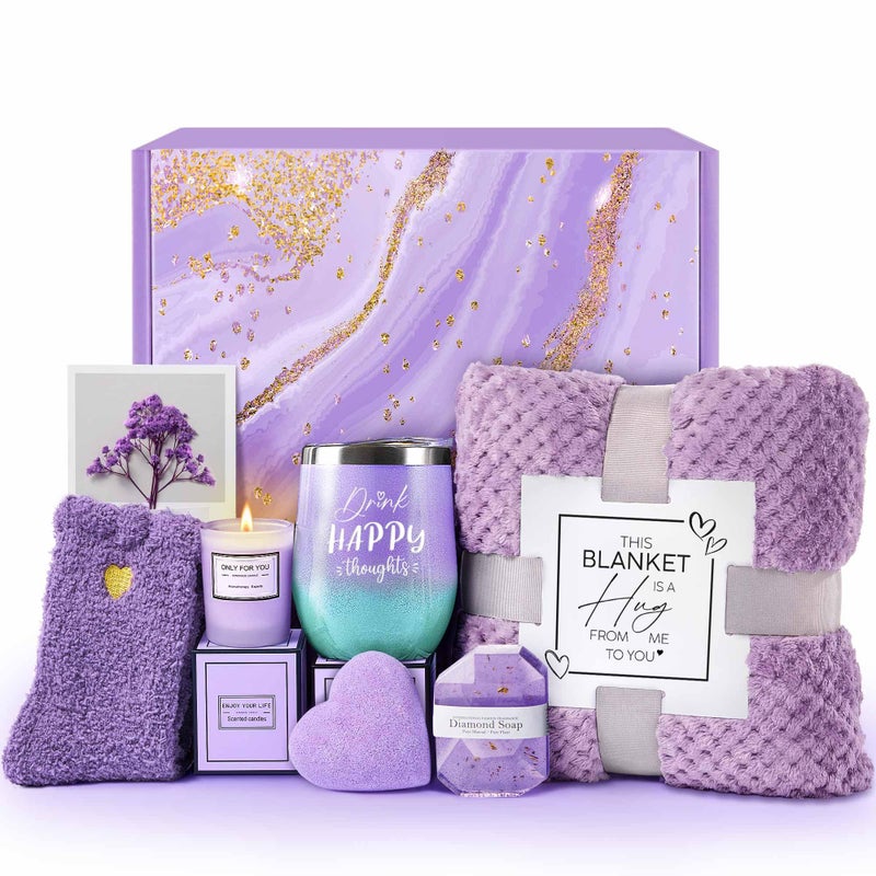 LE CADEAU Birthday Gifts for Women, Self Care Get Well Soon Gifts, Lavender Relaxing Spa Gift Basket Care Package w Blanket, Valentines Mothers Day Christmas Gifts for Mom Grandma Wife Girlfriend Friends Sister - Image 1