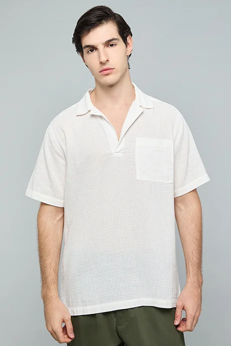 R&B Textured Shirt with Reverse Collar and Short Sleeves