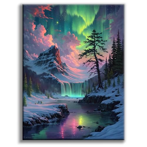 Offito Aurora Diamond Art Kits for Adults 5D Snowy Mountains Lake Diamond Painting Kits for Beginners Fantastic Landscapes DIY Full Drill Dots Gem Art Paint for Home Wall Decor 12 x 16 Inch - Image 1