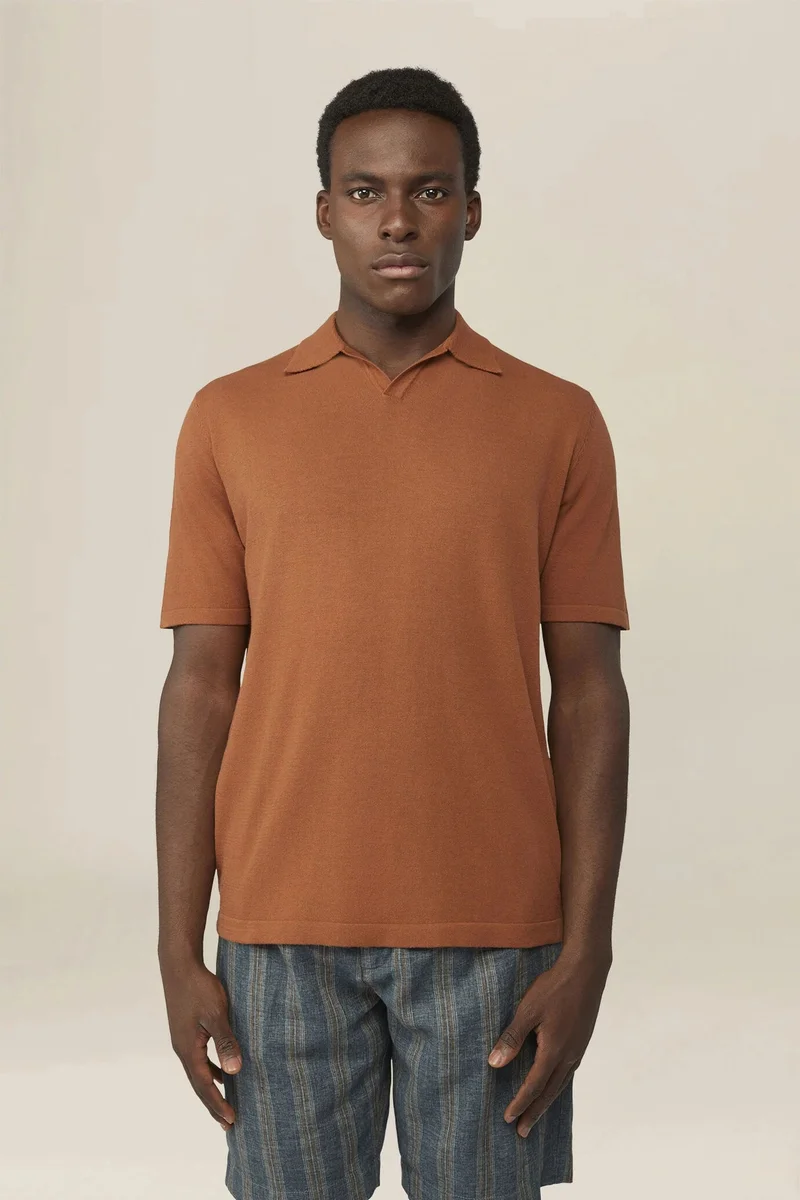 Men's 100% cotton knit polo shirt with Derby collar - Brick