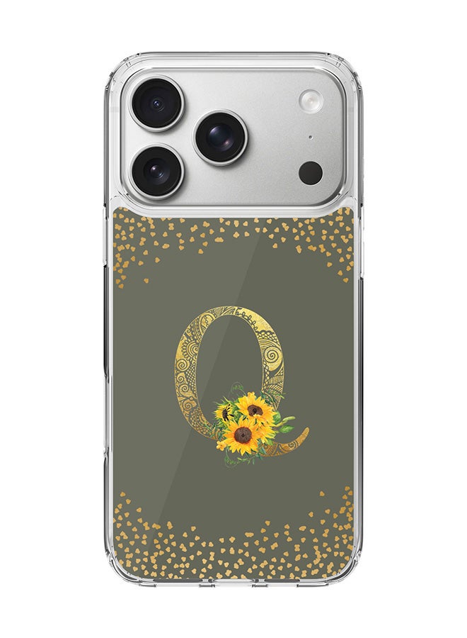 Stylizedd Classic Clear MagSafe Case for iPhone 17 Pro , Hybrid Soft Case Flexible Edges Anti Drop TPU PC Gel Thin Transparent Cover [ Designed for iPhone 17 Pro ] - Custom Monogram Initial Letter Floral Pattern Alphabet - Q  (Olive Green )
