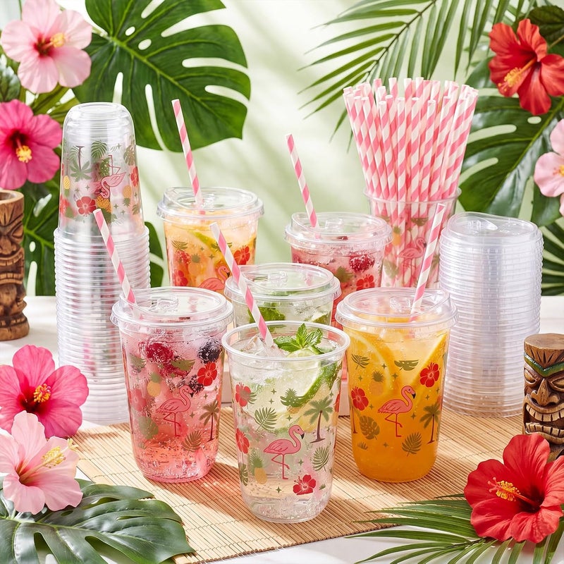 LemonRoad 50 Sets Hawaii Clear Plastic Cups with Lids & Straws 16 oz Flamingo Pineapple Coconut Tree Designs Tumblers for Iced Coffee Smoothies Juice Summer Holiday Tropical Theme Party - Image 4