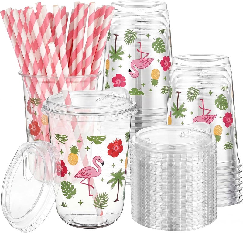 LemonRoad 50 Sets Hawaii Clear Plastic Cups with Lids & Straws 16 oz Flamingo Pineapple Coconut Tree Designs Tumblers for Iced Coffee Smoothies Juice Summer Holiday Tropical Theme Party - Image 1