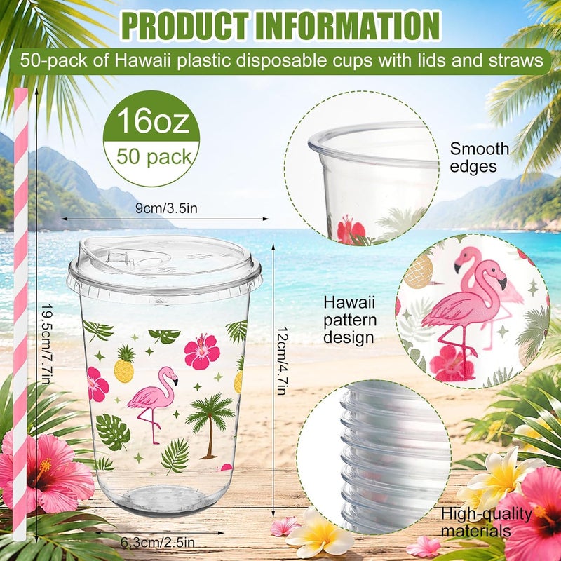 LemonRoad 50 Sets Hawaii Clear Plastic Cups with Lids & Straws 16 oz Flamingo Pineapple Coconut Tree Designs Tumblers for Iced Coffee Smoothies Juice Summer Holiday Tropical Theme Party - Image 2