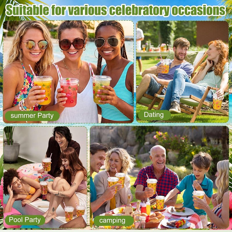 LemonRoad 50 Sets Hawaii Clear Plastic Cups with Lids & Straws 16 oz Flamingo Pineapple Coconut Tree Designs Tumblers for Iced Coffee Smoothies Juice Summer Holiday Tropical Theme Party - Image 5