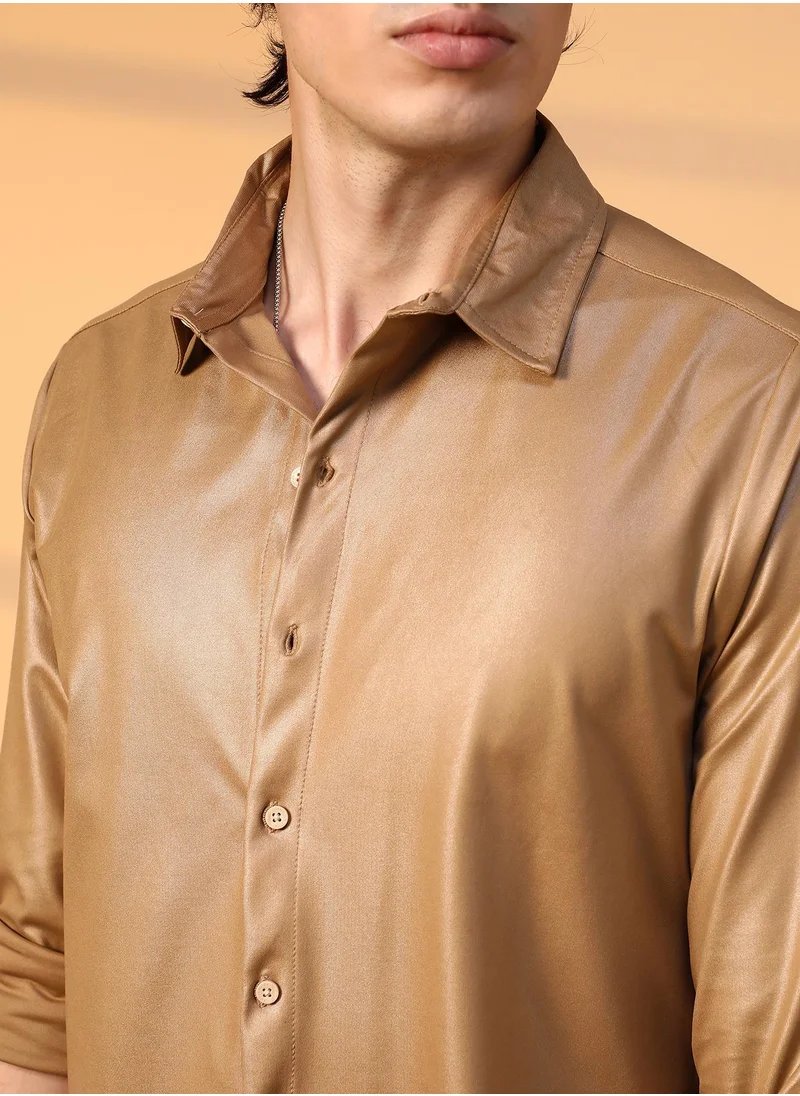 Campus Sutra Men's Camel Brown Solid Suede Shirt