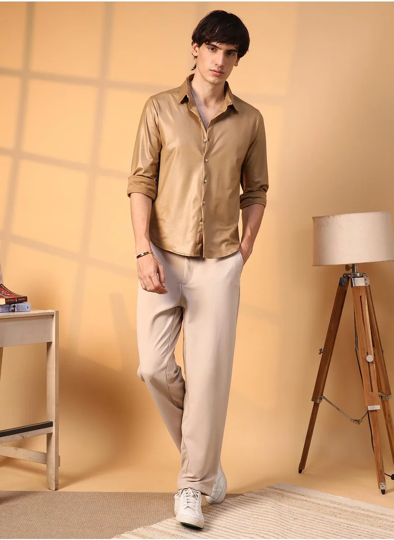 Campus Sutra Men's Camel Brown Solid Suede Shirt