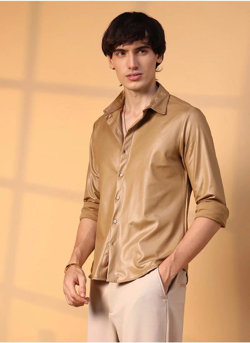 Campus Sutra Men's Camel Brown Solid Suede Shirt