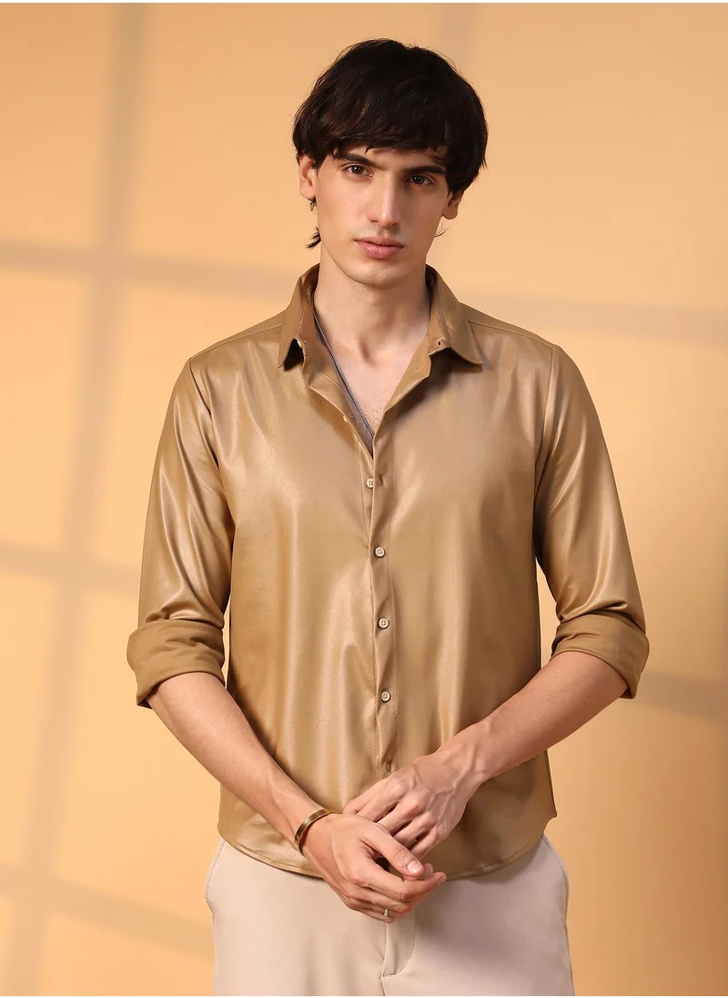 Campus Sutra Men's Camel Brown Solid Suede Shirt