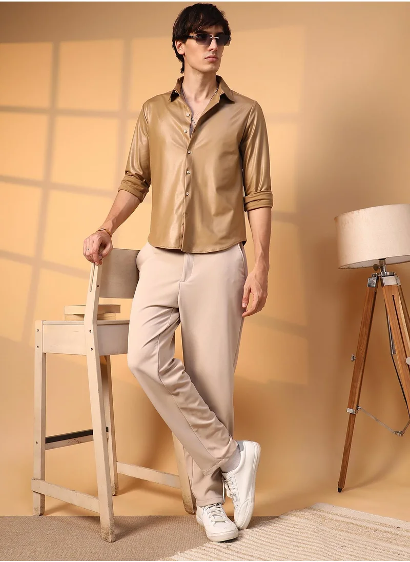 Campus Sutra Men's Camel Brown Solid Suede Shirt