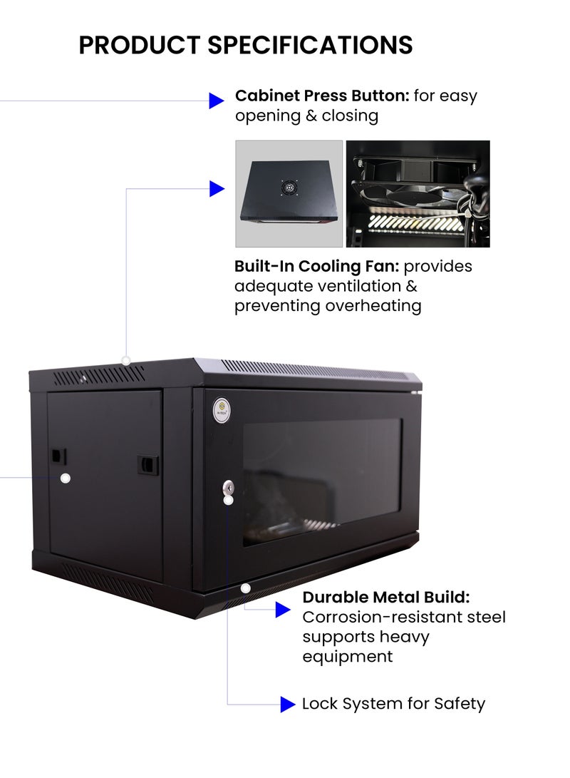 هاي-تيك خزانة التثبيت على الحائط HI-TECH - حامل خادم مع مروحة تبريد ولوحة طاقة، إطار معدني قوي، مثالي لمعدات الشبكات . - Image 3