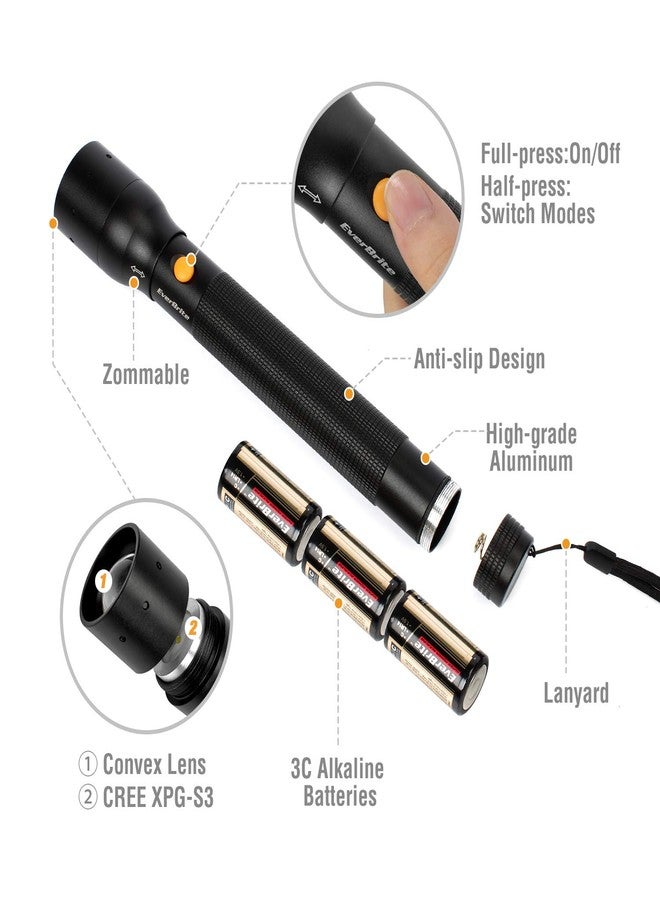 إيفربايت مصباح يدوي تكتيكي فائق السطوع من إيفر برايت، بقوة 900 لومن، قابل للتكبير والتصغير مع ضبط التركيز، 3 أوضاع إضاءة، مصباح يدوي متين مصنوع من الألومنيوم، مثالي لمستلزمات التخييم في حالات الأعاصير، يتضمن 3 بطاريات قلوية من نوع C. - Image 5