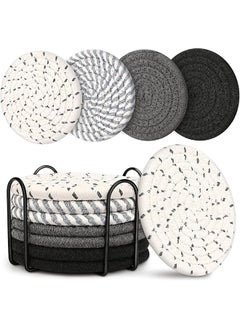 The Bros Absorbent Cotton Coasters Set, 8 Pcs with Holder, 4 Colors, 4.3 Inch, for Drinks, Coffee Table, Home Decor, Bar, Housewarming Gift (A灰系)  - Image 1