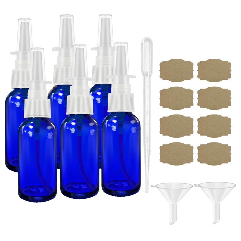 GIVAMEIHF GIVAMEIHF Nasal Spray Bottles 6Pcs1oz 30mlEmpty Nasal Spray Bottle with FunnelDropperLabelCobalt Blue Glass Nose Spray BottlePress Spray Head Refillable Portable Fine Mist Travel Bottle