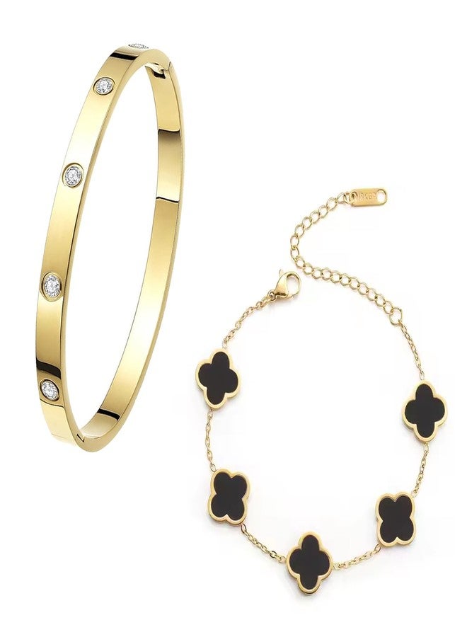 Okos Gold Plated Fashion Jewellery Combo Pack of 2 Stainless Steel Anti Tarnish Cuff Band Style Bangle Bracelet And Black Clover Style For Girls and Women CO1000481GLD - Image 1