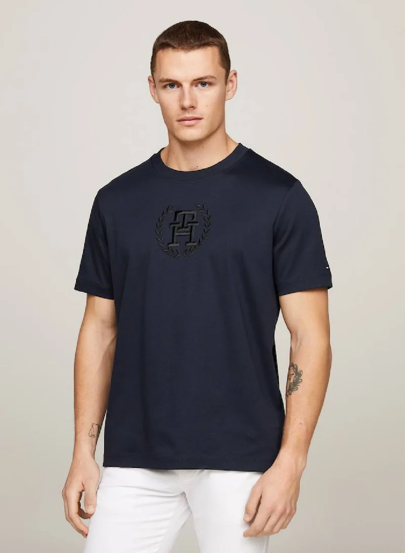TOMMY HILFIGER Men's Archive Crest Logo Tonal Embroidery T-Shirt -  Stretch cotton, Blue
