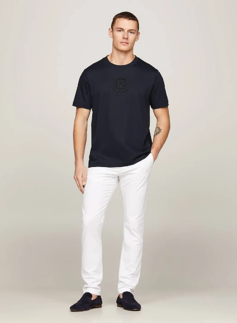 TOMMY HILFIGER Men's Archive Crest Logo Tonal Embroidery T-Shirt -  Stretch cotton, Blue