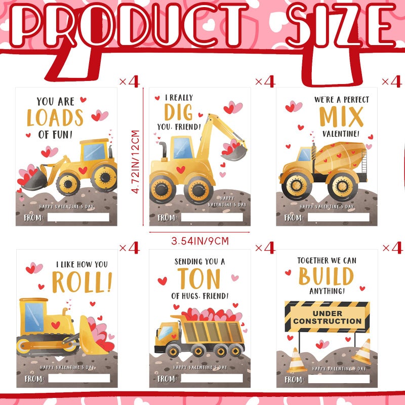 Demonwer 24 Pcs Valentine's Day Cards Construction Truck Greeting Cards Valentine's Day Gift Tags Exchange Gifts for Holiday Party Favor - Image 2