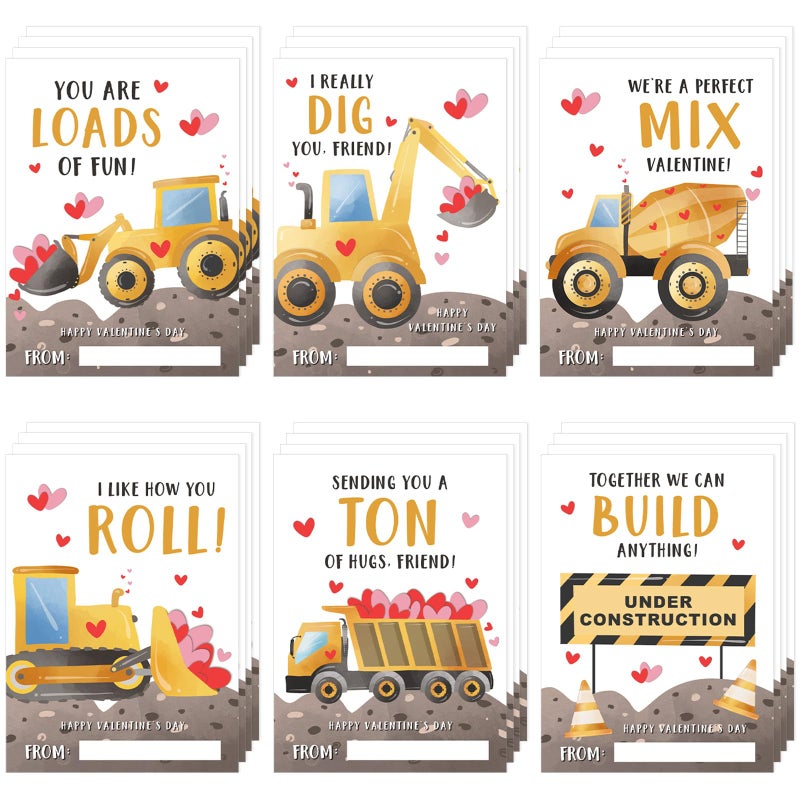 Demonwer 24 Pcs Valentine's Day Cards Construction Truck Greeting Cards Valentine's Day Gift Tags Exchange Gifts for Holiday Party Favor - Image 1