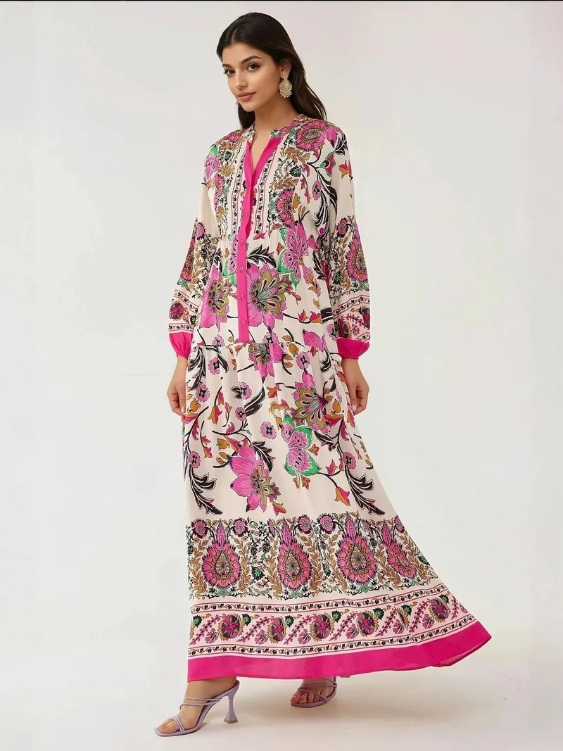 HICCUP Printed Long Sleeve Viscose Maxi Dress