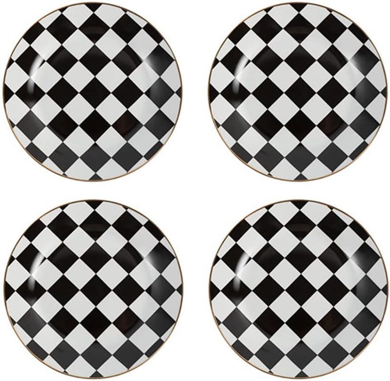 RockTrend Retro Black and White Checkerboard Gold Edge Ceramic Dinner Plate Dessert Plate Salad PlateSet of 4 - Image 1