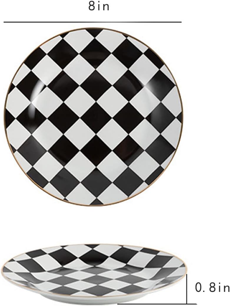 RockTrend Retro Black and White Checkerboard Gold Edge Ceramic Dinner Plate Dessert Plate Salad PlateSet of 4 - Image 2