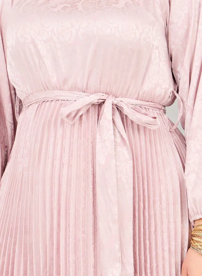 Styli Satin Jacquard Print Pleated Detail Self Tie Up Maxi Dress