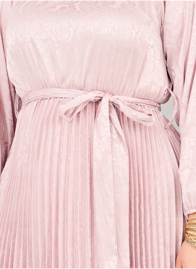 Styli Satin Jacquard Print Pleated Detail Self Tie Up Maxi Dress  - Image 3
