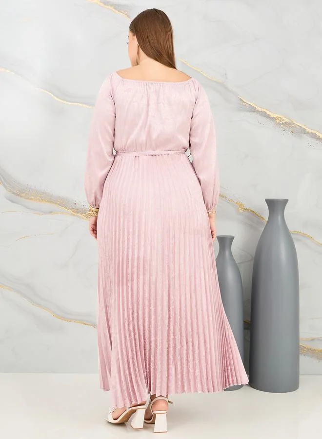 Styli Satin Jacquard Print Pleated Detail Self Tie Up Maxi Dress