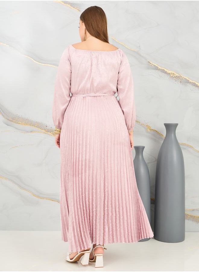 Styli Satin Jacquard Print Pleated Detail Self Tie Up Maxi Dress  - Image 4