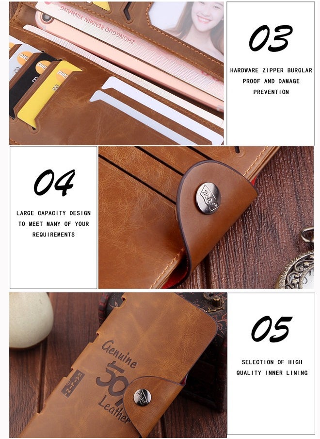 Generic - Premium Leather Wallet for Men with Multi-Card Capacity RFID Blocking Cash Compartments Design Men's Long Genuine Leather Wallet with Wrist Strap Design Card Slots and Money Holder Durable 19.6x9.6x1.8CM Brown - Image 1