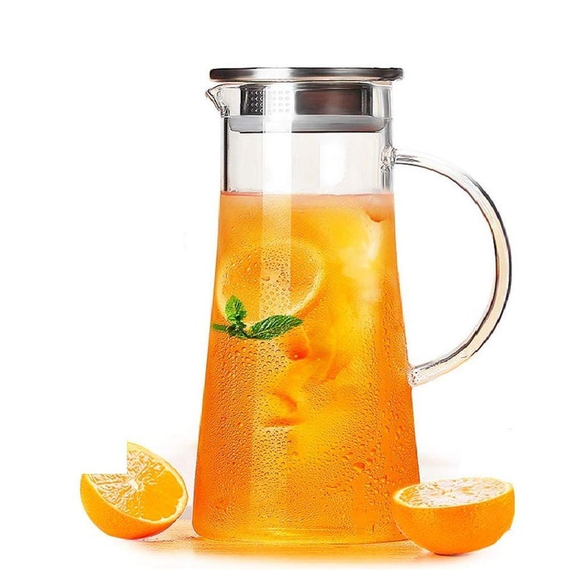 JIGSHTIAL 1.3 Liter Glass Pitcher with Stainless Steel lid iced Tea Pitcher Water jug hot & Cold Water Wine Coffee Milk Juice Beverage Carafe jug with Stainless Steel Lid for Homemade Juice & Iced - Image 1