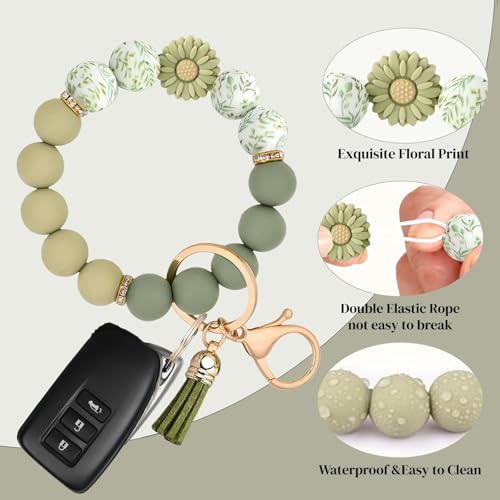 Qubusm 2PCS Bracelet Key Ring Set, Cute Car Key chain Wristlet, Silicone Beaded Bangle keyChains for Women Girls (Light Green) - Image 2